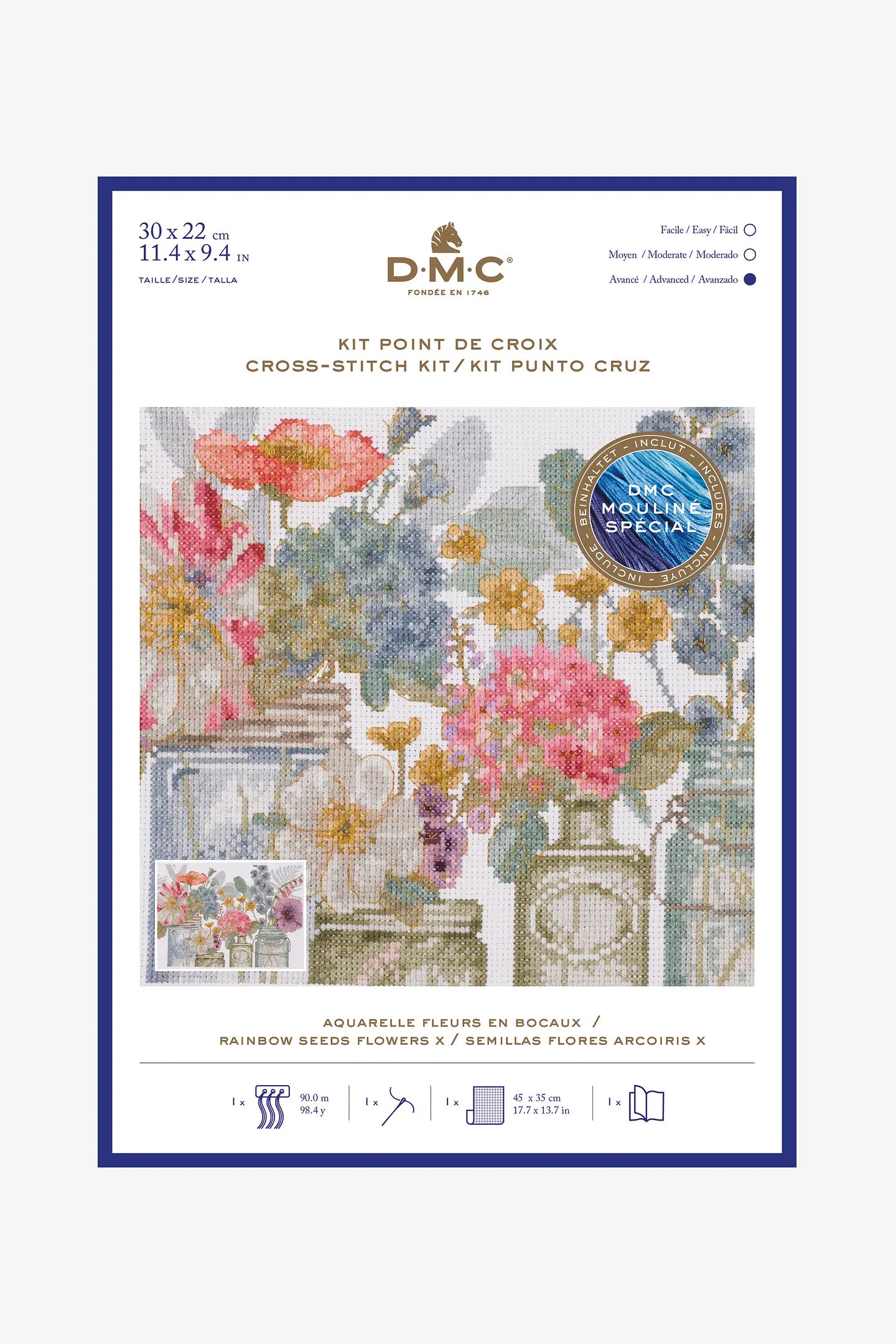 Kit Point de croix Aquarelle fleurs en bocaux DMC